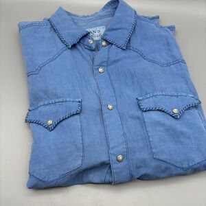 Ryan Michael Shirt Men's L Blue Western Pearl Snap Pockets Cowboy Silk Linen